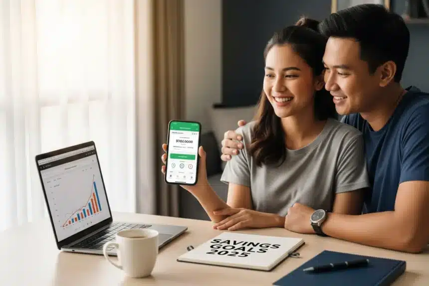 A Filipino couple checking their savings app with smiles, symbolizing the best banks for savings in 2025.