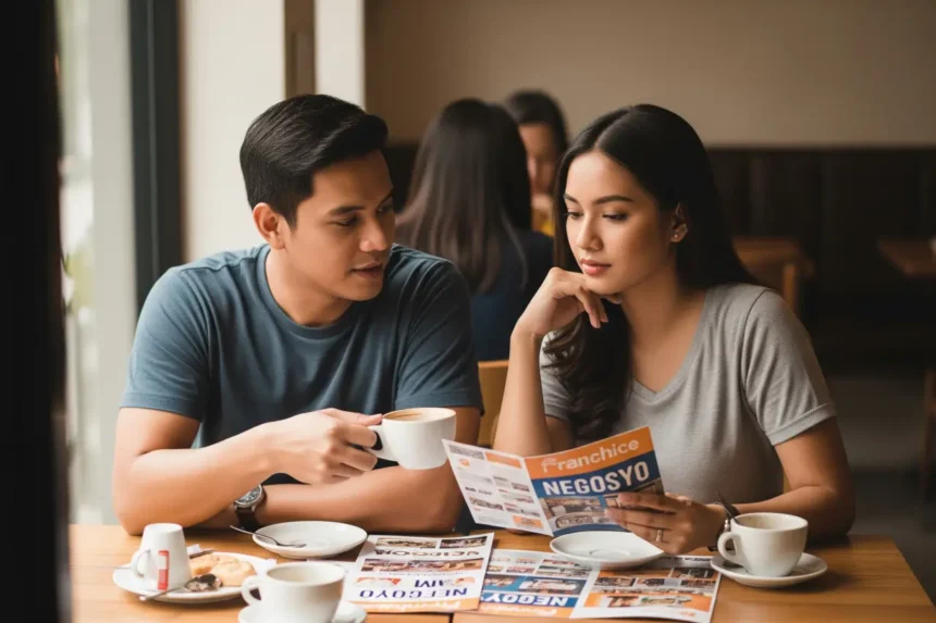Filipino entrepreneur couple reviewing low-cost franchise opportunities in the Philippines under ₱500K.