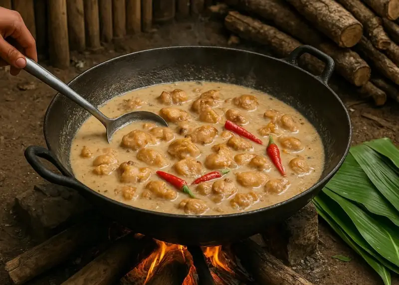 Bicol-style adobo with coconut milk being cooked in a rural Filipino outdoor kitchen.