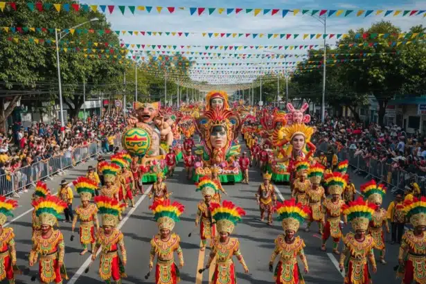 Philippine festivals with dancers, floats, and traditional costumes in vibrant colors.