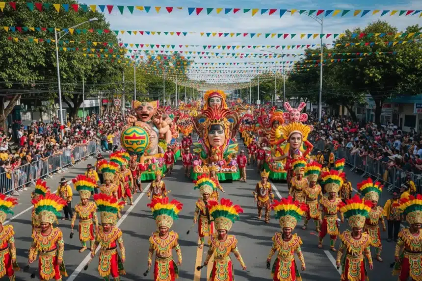 Philippine festivals with dancers, floats, and traditional costumes in vibrant colors.