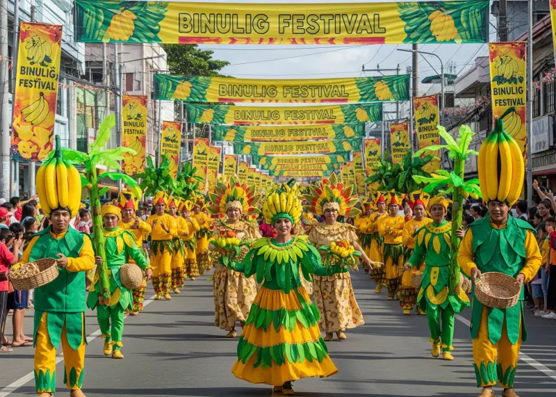 Performers in banana-themed costumes dancing in Panabo City’s Binulig Festival.