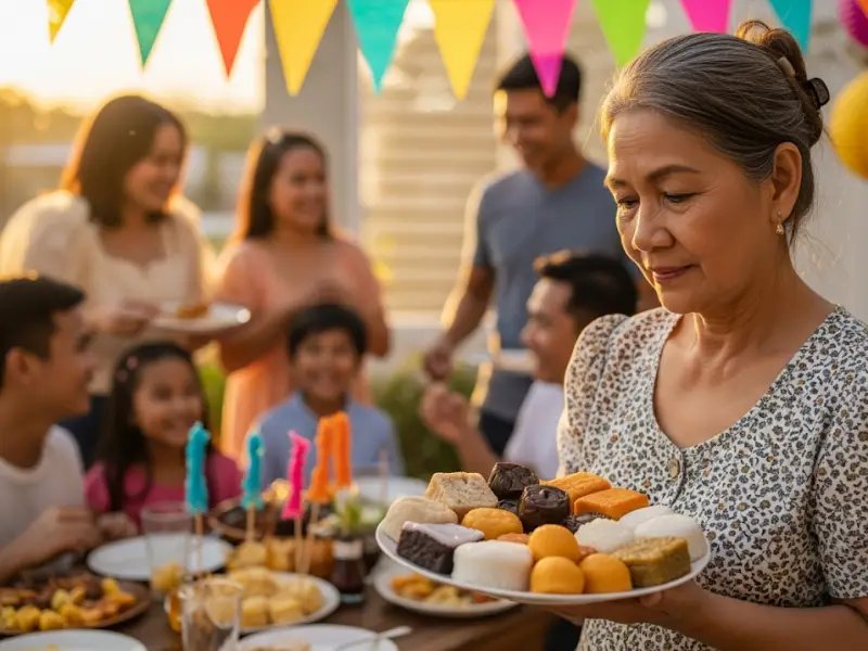 Filipina grandmother holding kakanin while family enjoys fiesta food.
