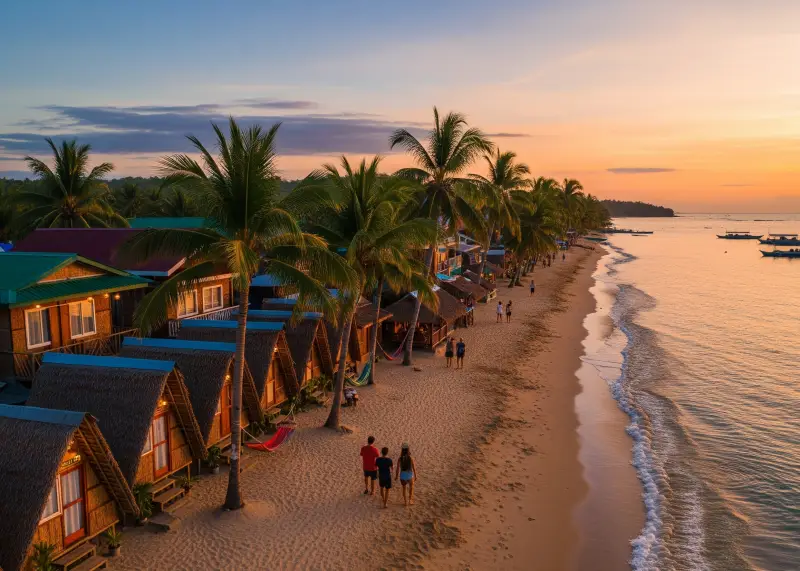 Drone shot of budget hostels and nipa hut lodgings along a coastal barangay in the Philippines.