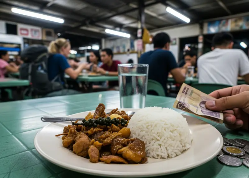 A simple budget meal of rice, adobo, and boiled egg in a karinderya with peso coins.