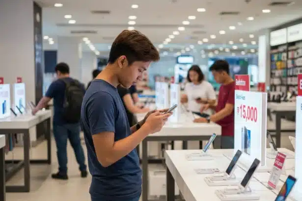Filipino checking affordable smartphones at a gadget store in 2025