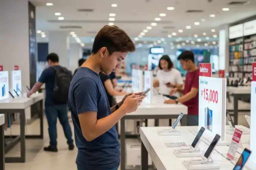 Filipino checking affordable smartphones at a gadget store in 2025