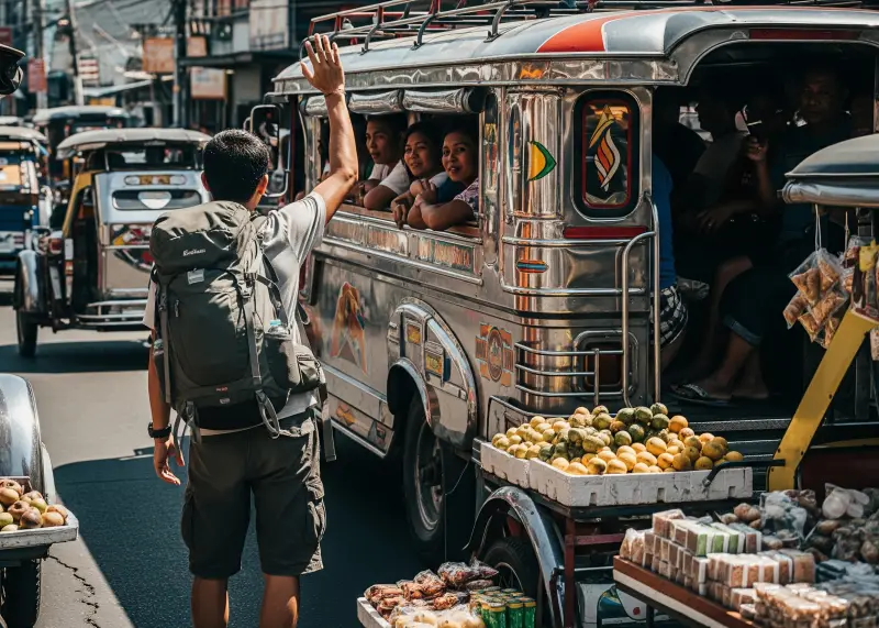 Jeepney with passengers and fare being passed forward