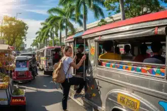 A Filipino backpacker boarding a jeepney with a small bag, symbolizing budget travel.