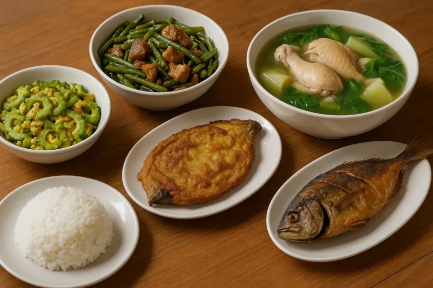 A spread of affordable Filipino dishes like ginisang ampalaya, pritong galunggong, and adobong sitaw served with rice on a family dining table.