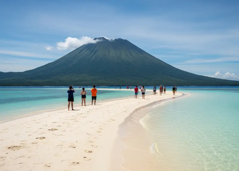 Tourists walking along Camiguin’s White Island sandbar with Mt. Hibok-Hibok behind.