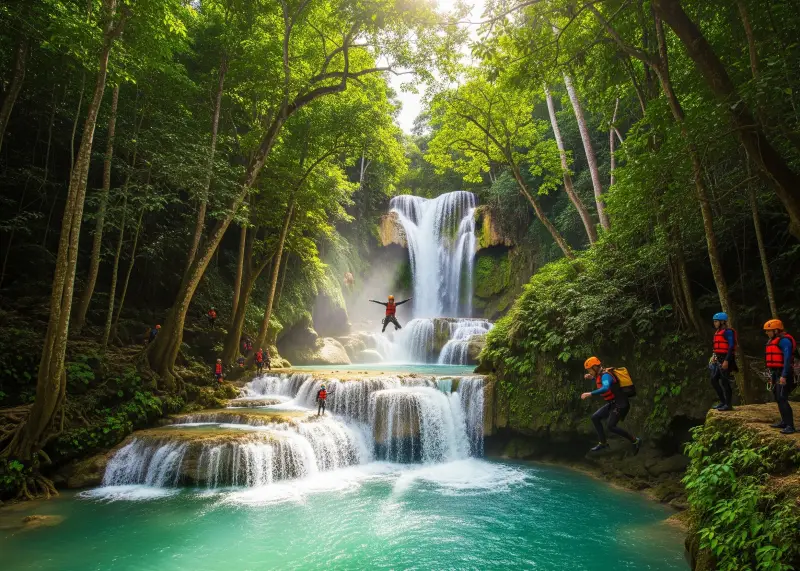Travelers canyoneering at Kawasan Falls in Cebu surrounded by lush jungle.