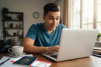 A traveler in the Philippines checking promo fares online with a passport and coffee on the desk.