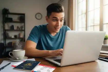 A traveler in the Philippines checking promo fares online with a passport and coffee on the desk.
