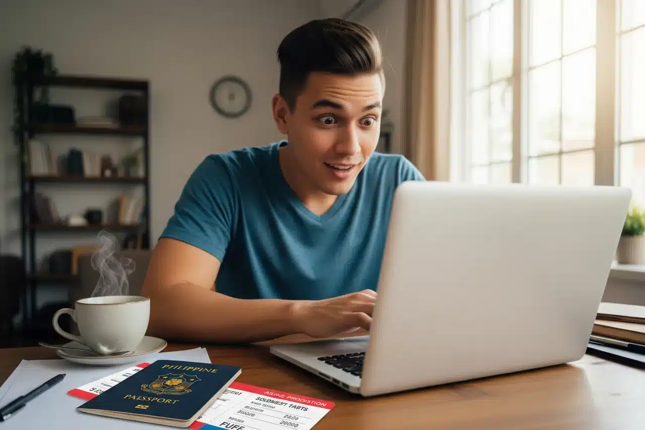 A traveler in the Philippines checking promo fares online with a passport and coffee on the desk.