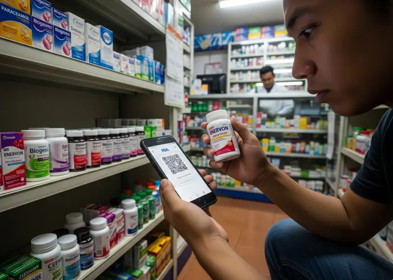 Filipino consumer checking FDA code on a vitamin bottle using their phone inside a pharmacy.