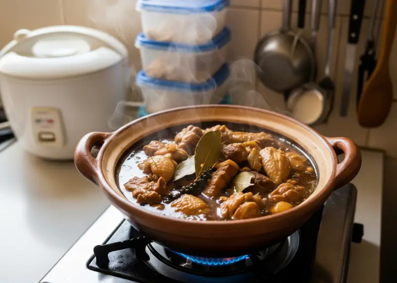 A pot of classic Filipino adobo simmering in a modest home kitchen.