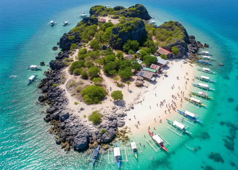 Drone view of Colibra Island in Dasol, Pangasinan with rocky edges, greenery, and white sand beach.