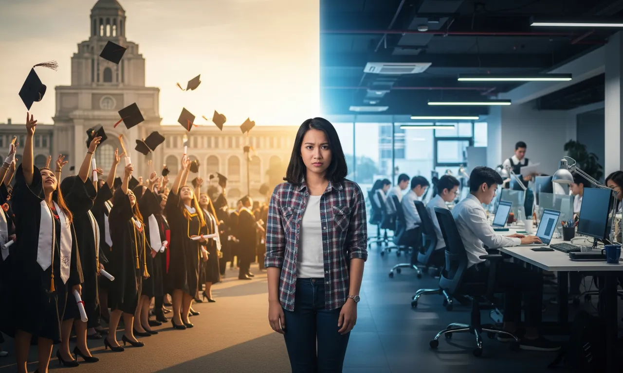 A young Filipino student at a crossroads, torn between a traditional college path and a modern, skill-based career, symbolizing the debate of whether college is still worth it.