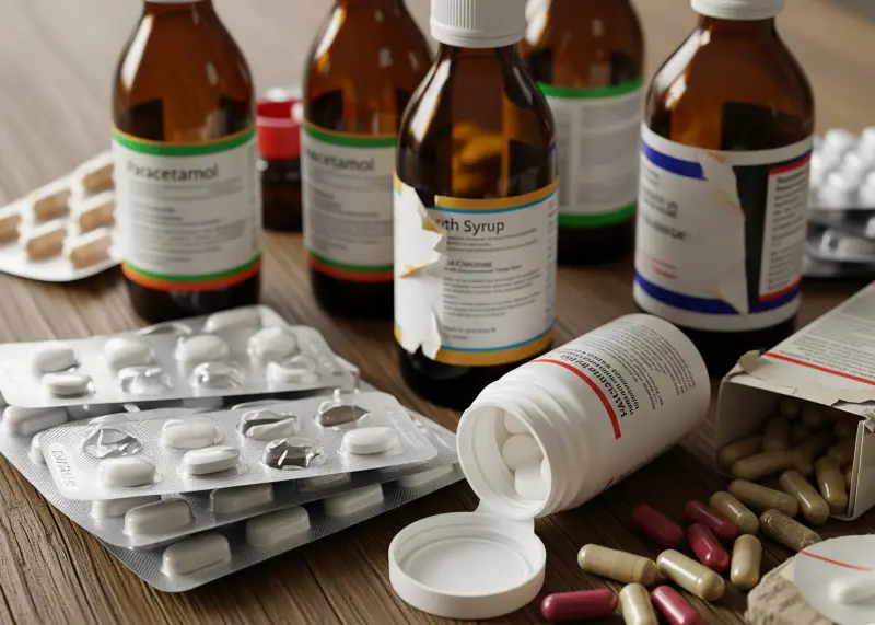 Close-up of common self-medicated drugs like paracetamol, cough syrup, and antacids.