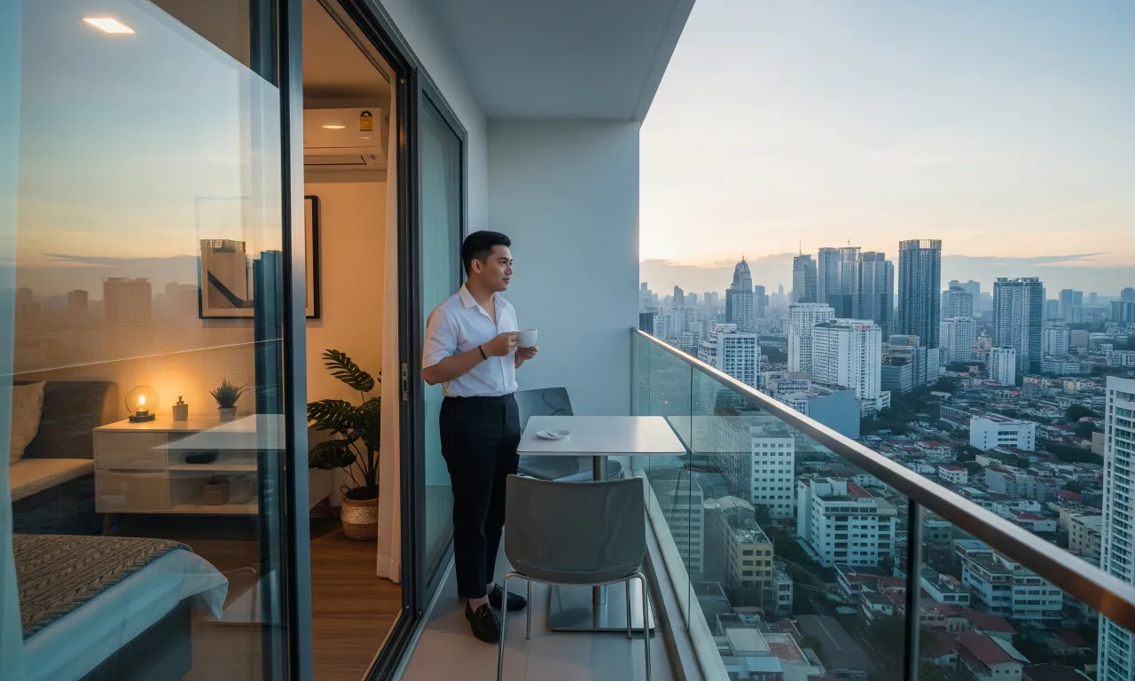 A young Filipino enjoying coffee on a modern condo balcony overlooking a city skyline, symbolizing the appeal of condo living.