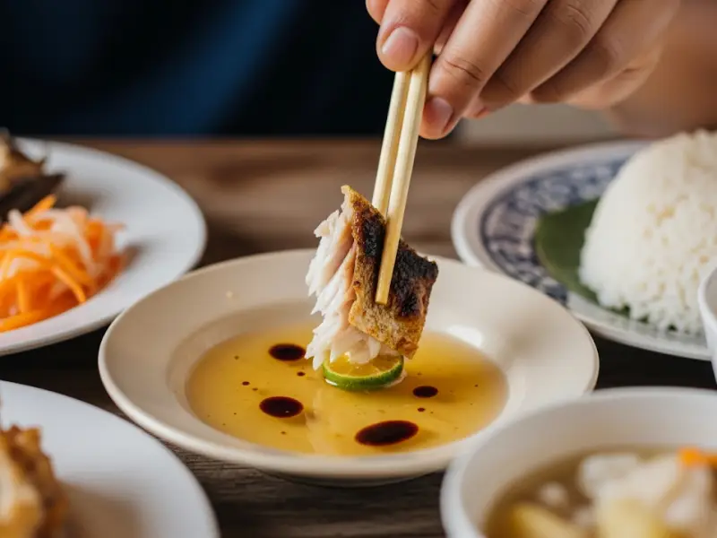 Filipino meal with controlled dipping sauce portion.
