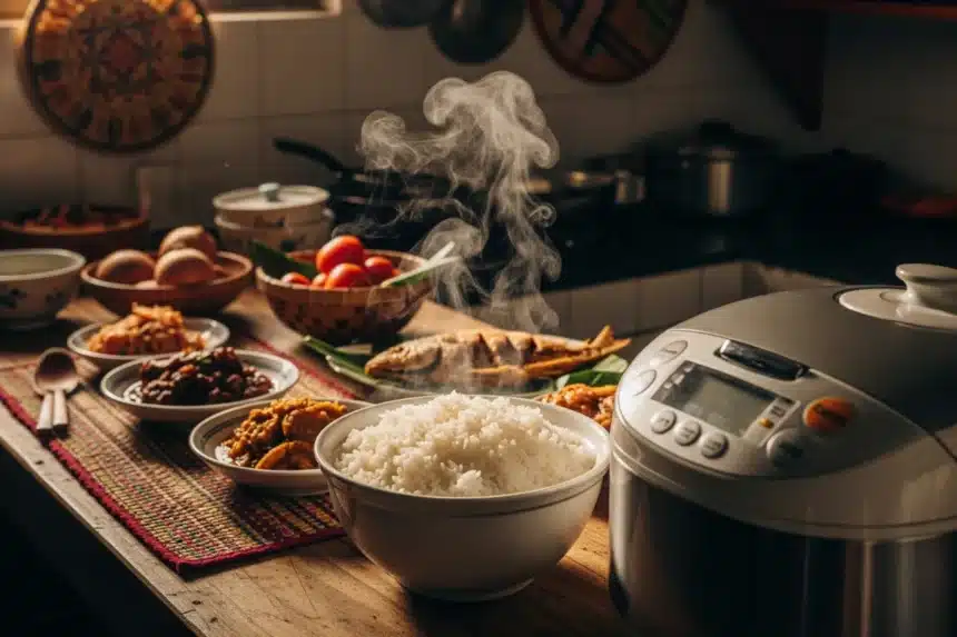 cook rice perfectly pinoy hacks Perfectly cooked white rice in a Filipino kitchen with a rice cooker and traditional dishes.