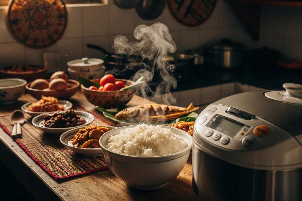Perfectly cooked white rice in a Filipino kitchen with a rice cooker and traditional dishes.