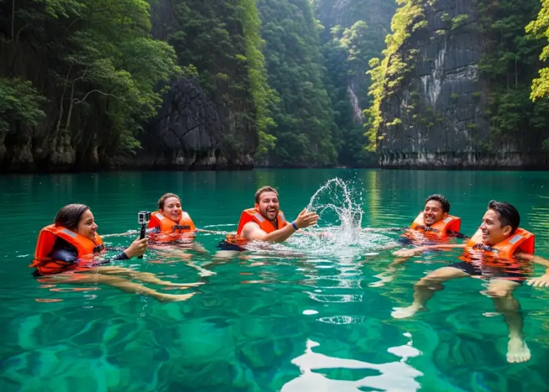 Friends floating in Barracuda Lake with life vests and limestone cliffs in the background.