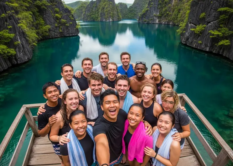 Group of friends taking a selfie at Kayangan Lake with emerald waters and limestone cliffs in the background.