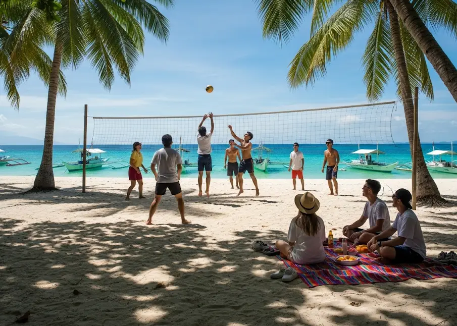 Friends playing volleyball and relaxing on Malcapuya Island’s white sand beach.