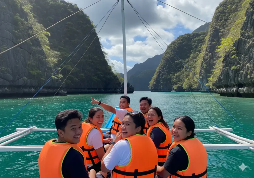 Filipino barkada enjoying a scenic boat ride in Palawan with cliffs and turquoise water in the background