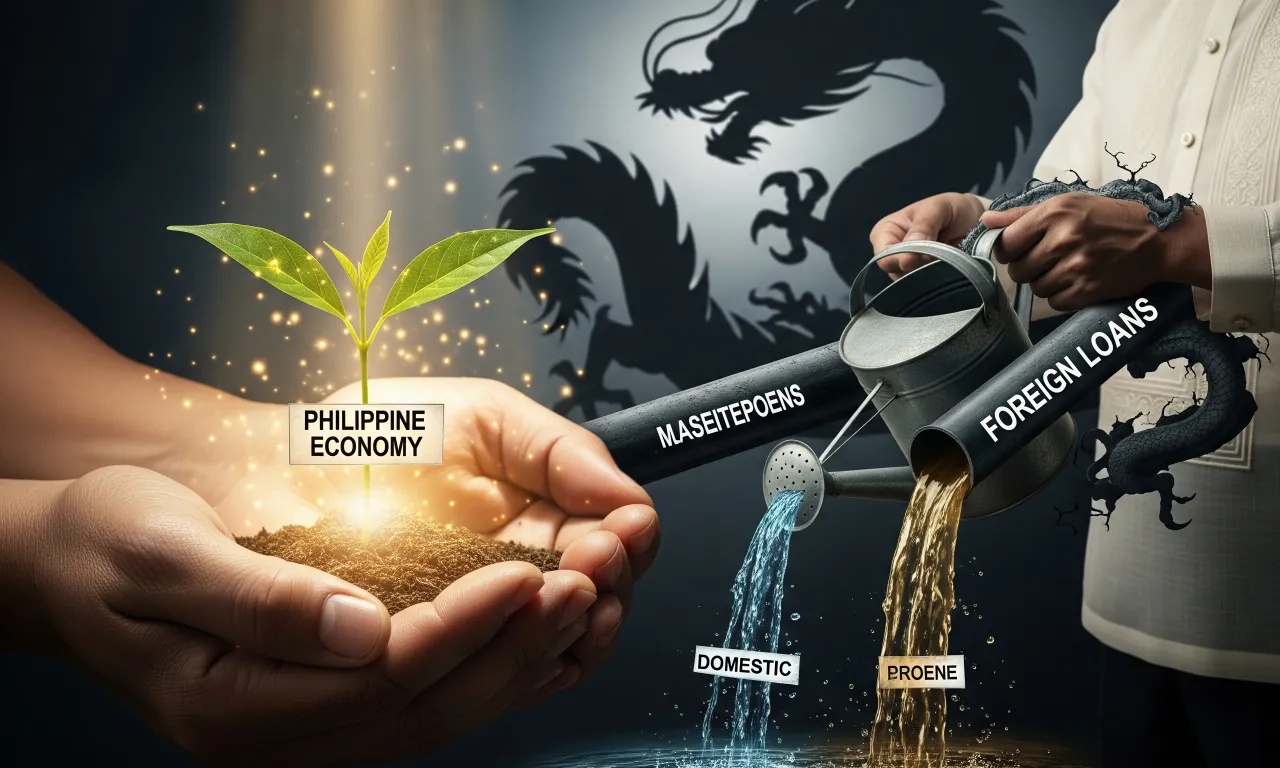 An ominous hand offering a loan chain to the Philippines, symbolizing the potential debt trap.