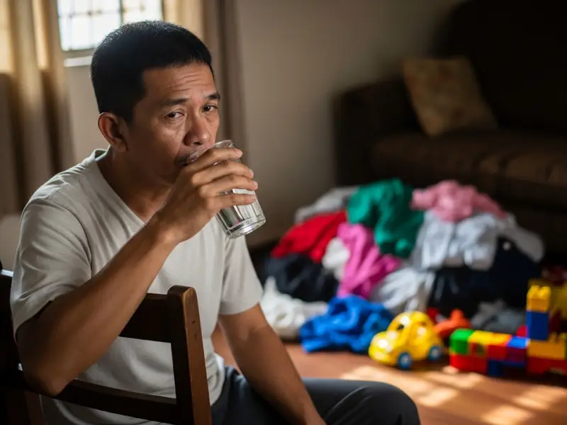 Filipino man at home drinking water, showing fatigue as a possible sign.