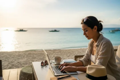 A remote worker on a beach, symbolizing the digital nomad lifestyle in the Philippines.