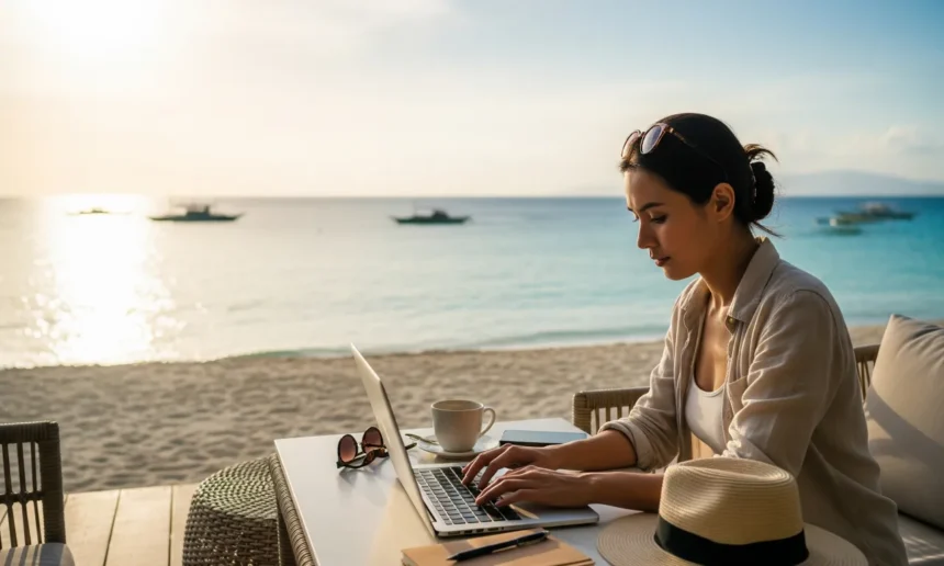 A remote worker on a beach, symbolizing the digital nomad lifestyle in the Philippines.