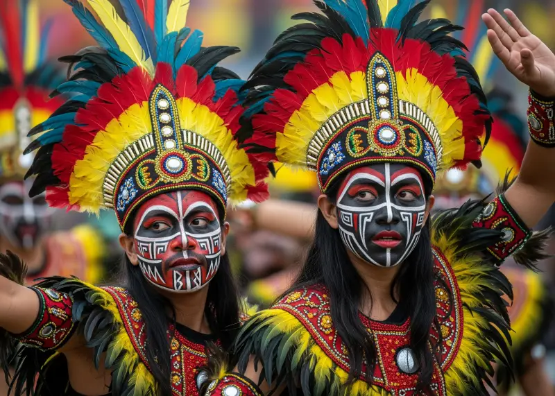 Tribal warriors dancing in colorful costumes at Iloilo’s Dinagyang Festival.