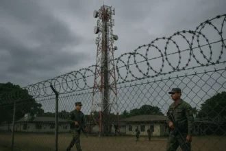 Telecom tower inside a Philippine military camp with soldiers patrolling nearby and radar equipment in the background.