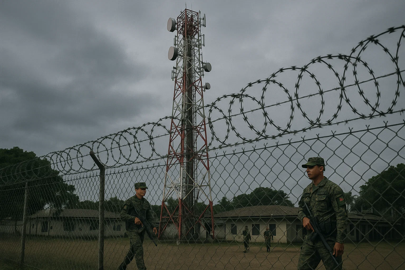 Telecom tower inside a Philippine military camp with soldiers patrolling nearby and radar equipment in the background.