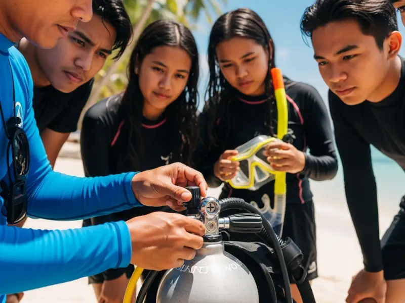Diving instructor teaching students how to assemble scuba gear by the beach.