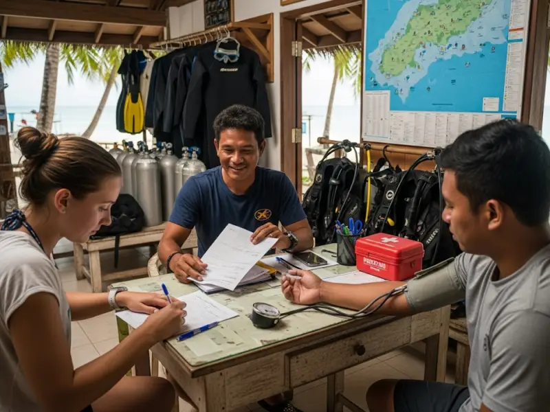 Diving students filling out medical forms and checking blood pressure at a dive shop in the Philippines.