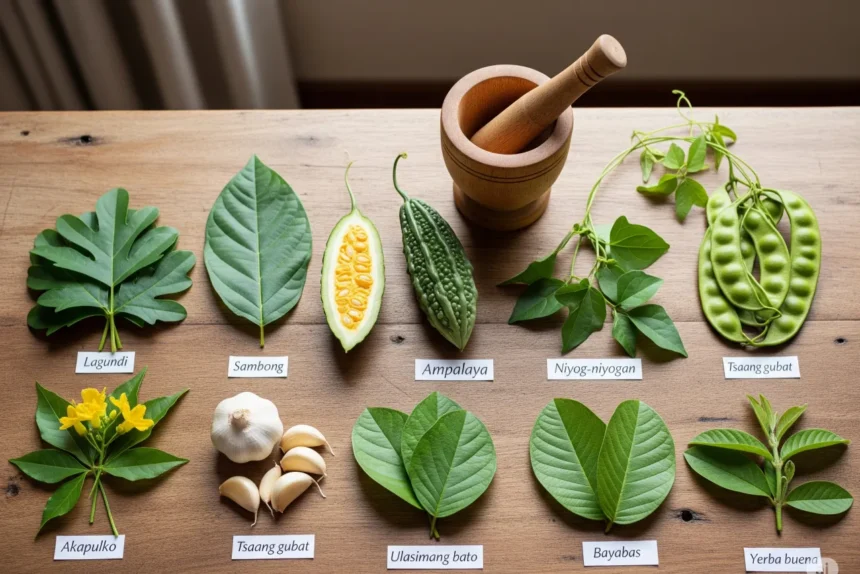 Ten DOH-approved Philippine medicinal plants neatly arranged on a wooden table with a mortar and pestle.