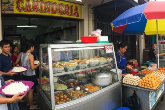 A bustling Filipino carinderia at lunchtime with trays of rice, steaming dishes, and locals enjoying budget meals