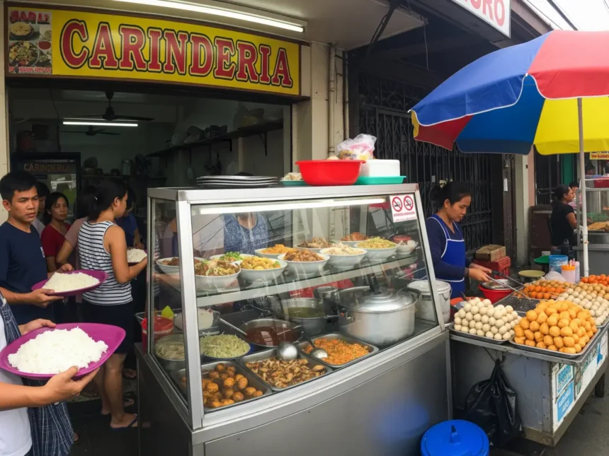 eat like a local carinderia street food A bustling Filipino carinderia at lunchtime with trays of rice, steaming dishes, and locals enjoying budget meals