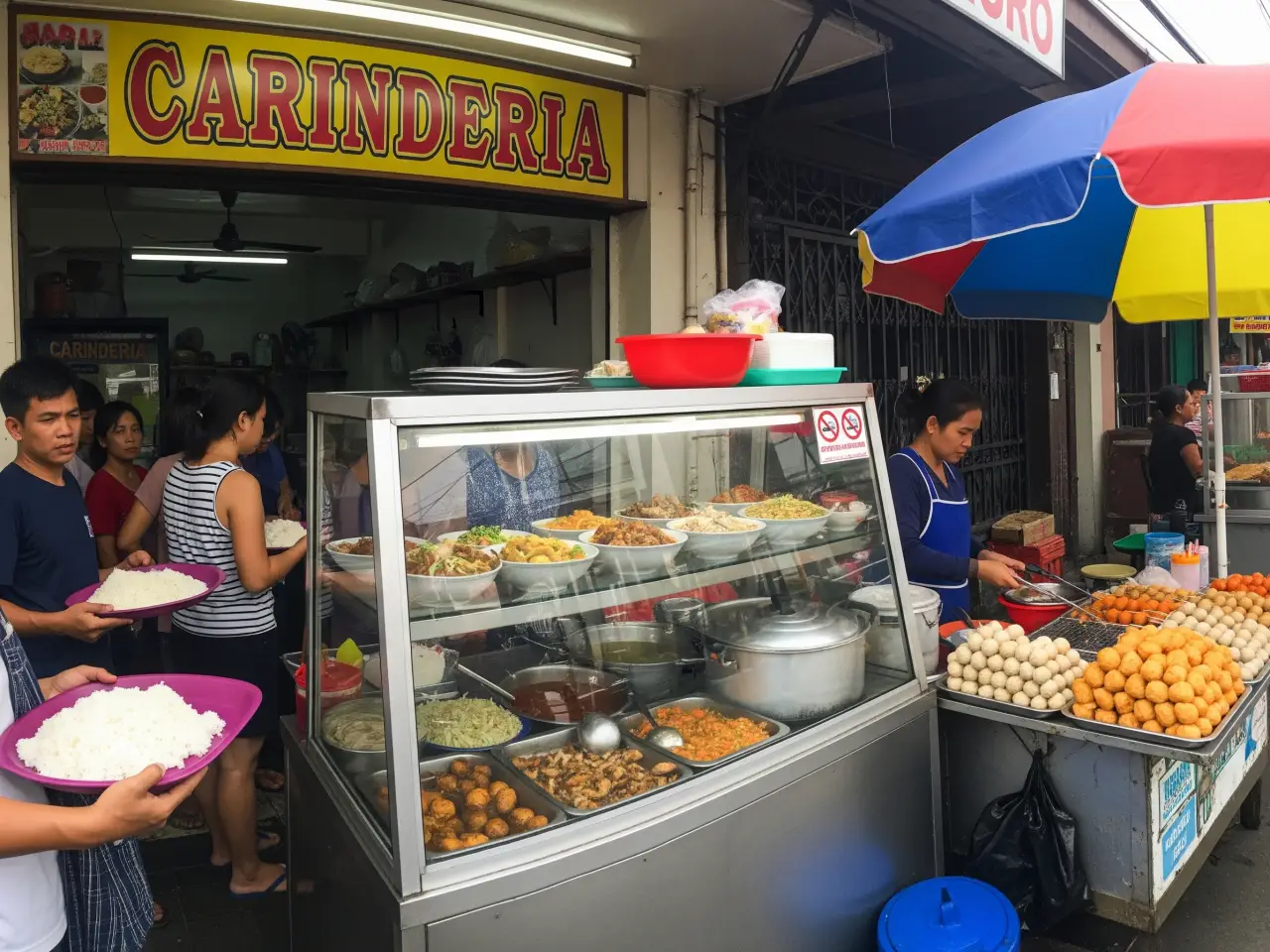 A bustling Filipino carinderia at lunchtime with trays of rice, steaming dishes, and locals enjoying budget meals