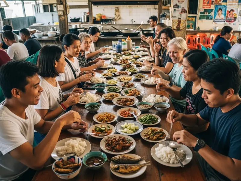 Locals and travelers sharing a meal together at a Filipino carinderia.