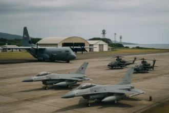 U.S. and Philippine aircraft at a shared base under EDCA with radar towers in the background.