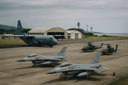 U.S. and Philippine aircraft at a shared base under EDCA with radar towers in the background.