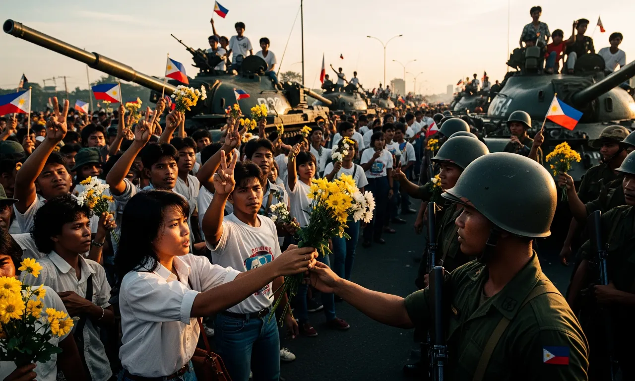 Crowds waving Philippine flags during EDSA People Power Revolution under a golden sunset