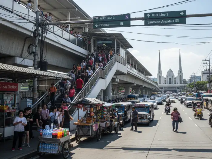 MRT Ortigas Station near EDSA Shrine, showing commuters and travelers exploring landmarks.